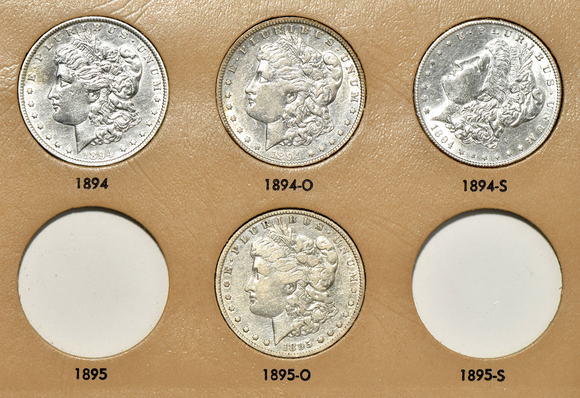 Collection of 45 different Morgan silver dollars in a Dansco 7179 album