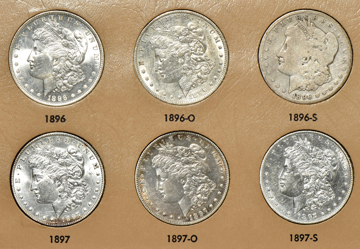 Collection of 45 different Morgan silver dollars in a Dansco 7179 album