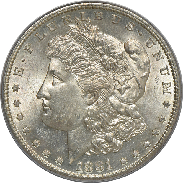 1881-S MS-64, 1885-O MS-63PL, and 1890-S MS-64 CAC, all PCGS (green label)