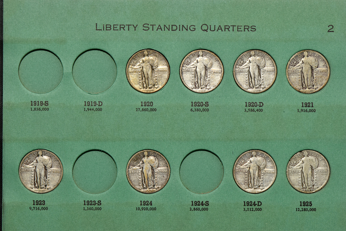 Partial collection of Standing Liberty quarters and a complete collection of Washington quarters through 1959 Philadelphia in three Popular albums