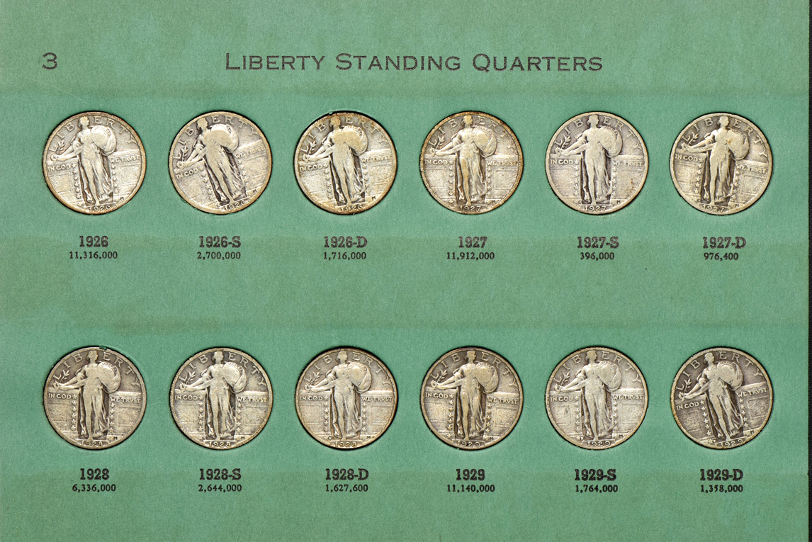 Partial collection of Standing Liberty quarters and a complete collection of Washington quarters through 1959 Philadelphia in three Popular albums
