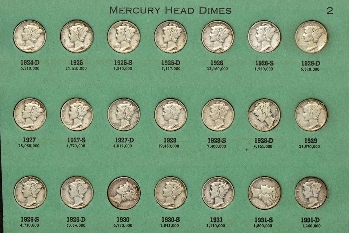 Collection of Mercury dimes in an album