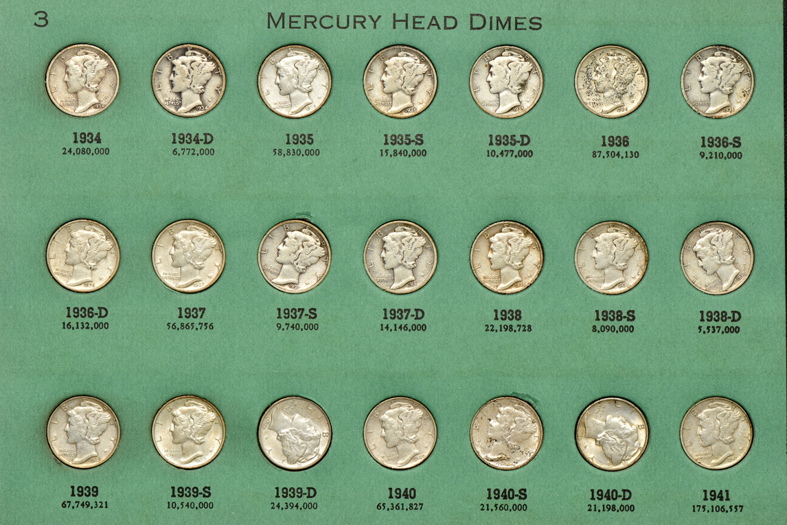 Collection of Mercury dimes in an album