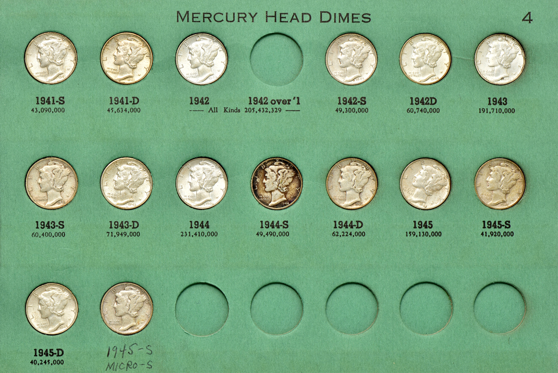 Collection of Mercury dimes in an album