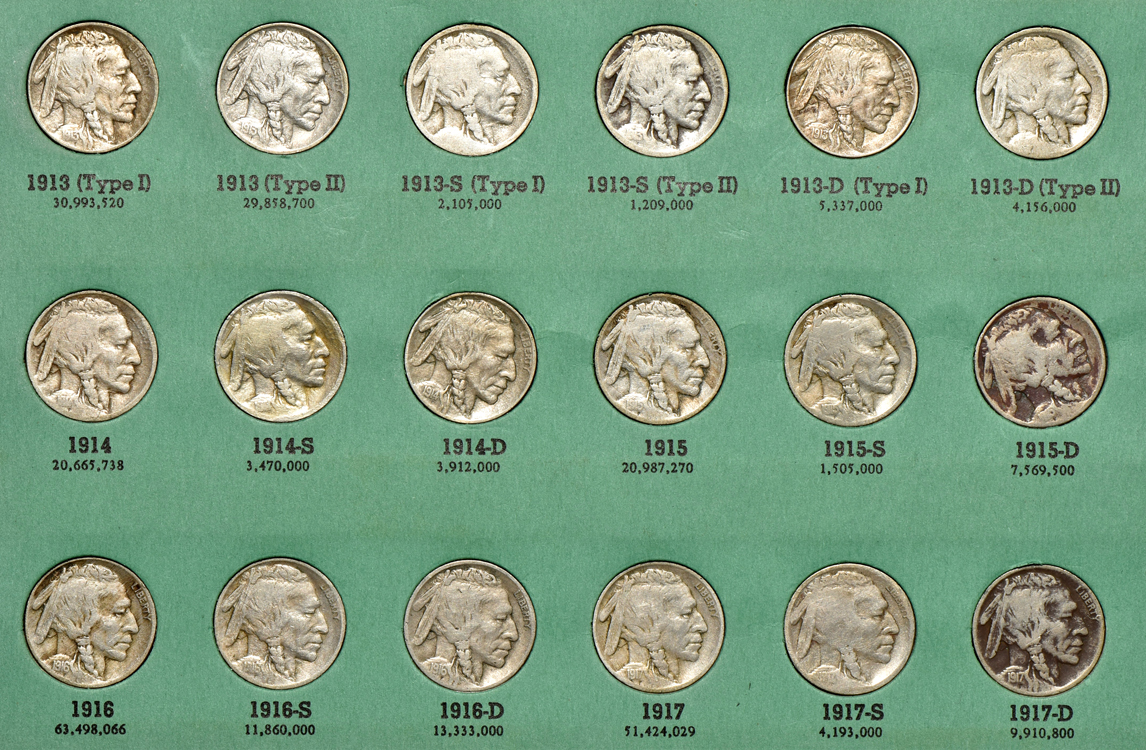 Collections of Lincoln cents, Buffalo nickels, Jefferson nickels, and Franklin half dollars in five albums