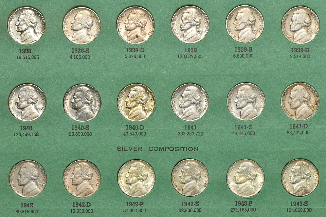 Collections of Lincoln cents, Buffalo nickels, Jefferson nickels, and Franklin half dollars in five albums
