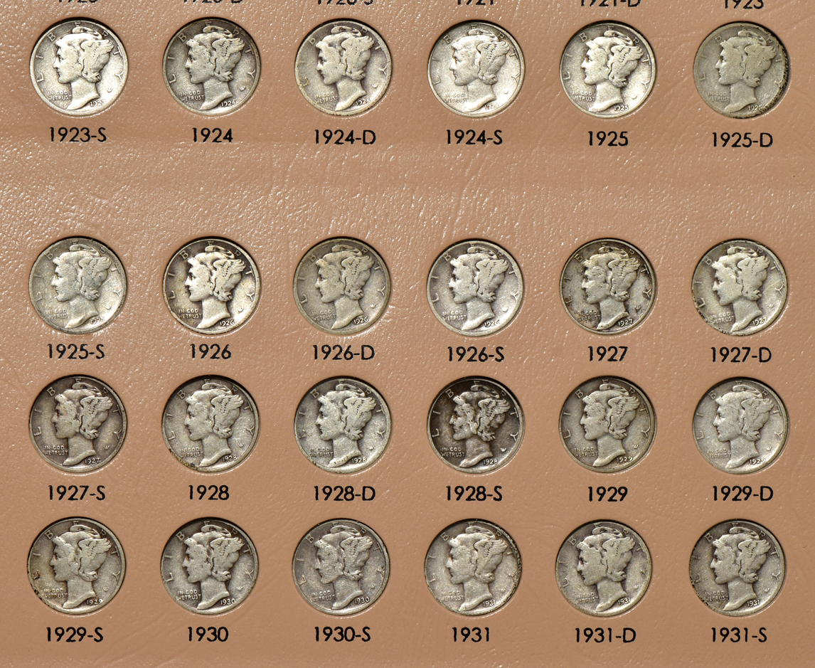 Complete collection of Mercury dimes in a Dansco 7123 album