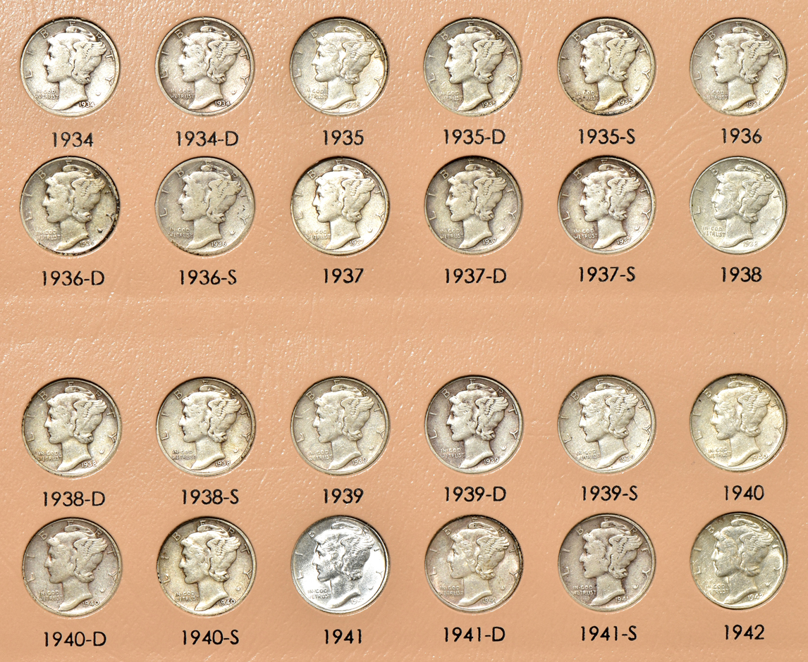 Complete collection of Mercury dimes in a Dansco 7123 album