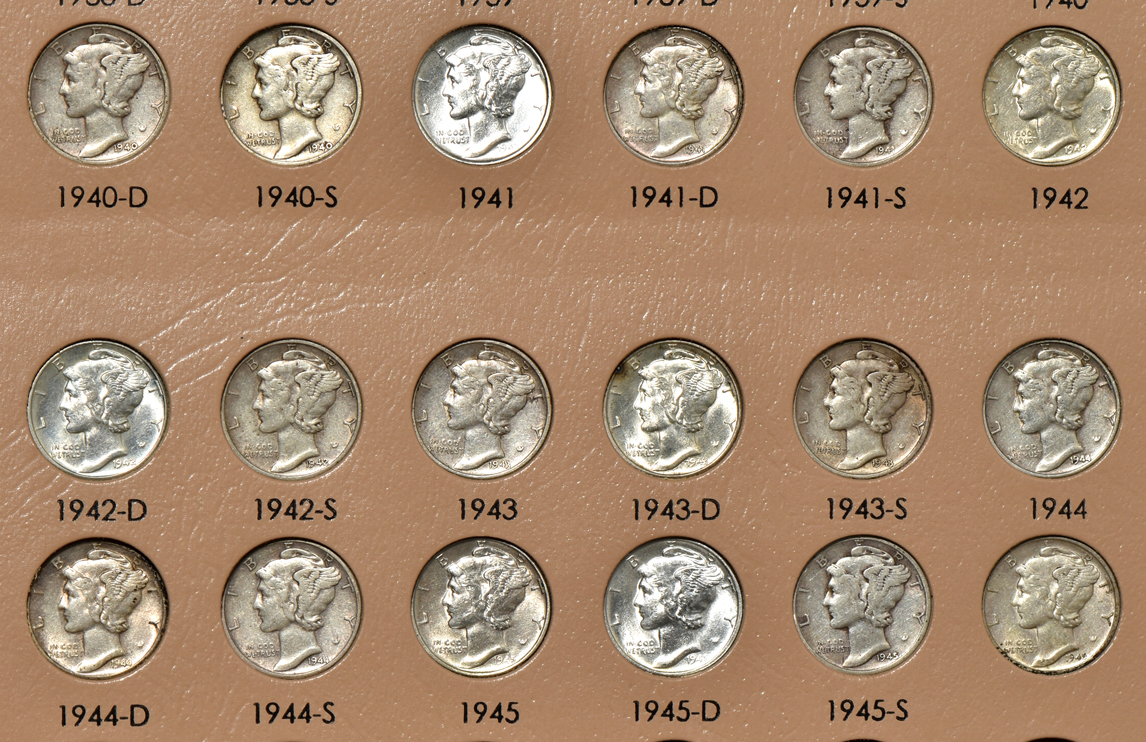 Complete collection of Mercury dimes in a Dansco 7123 album