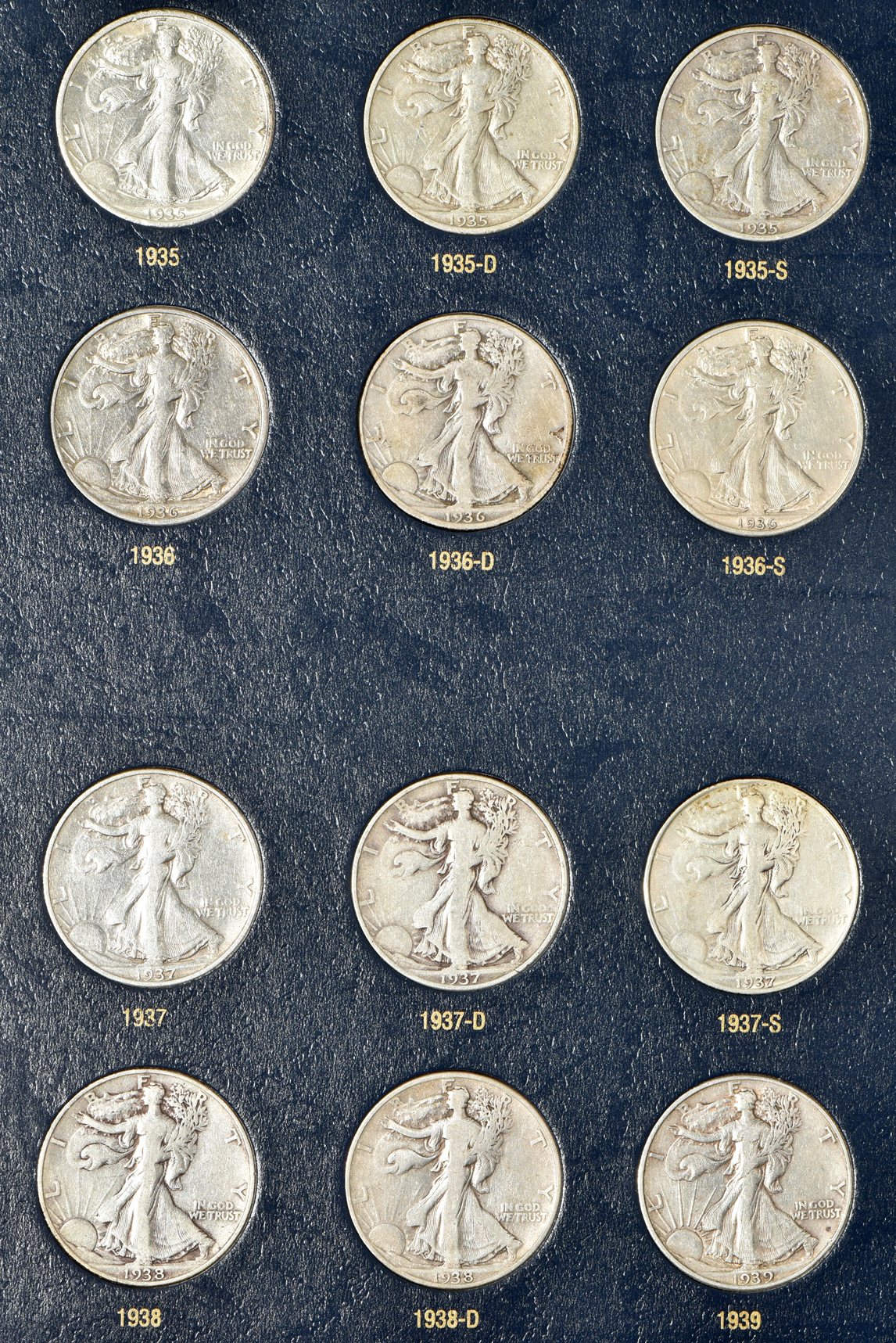 Complete collection of Walking Liberty half-dollars in a Whitman 9125 album