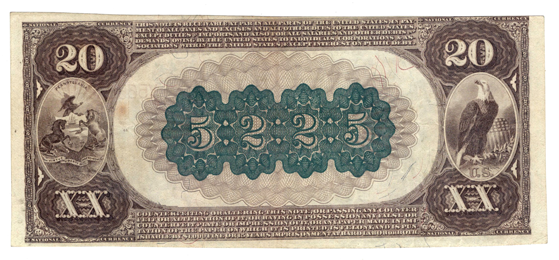 1882 $20 Brown Back - Pittsburgh, PA Charter #5225 - AU