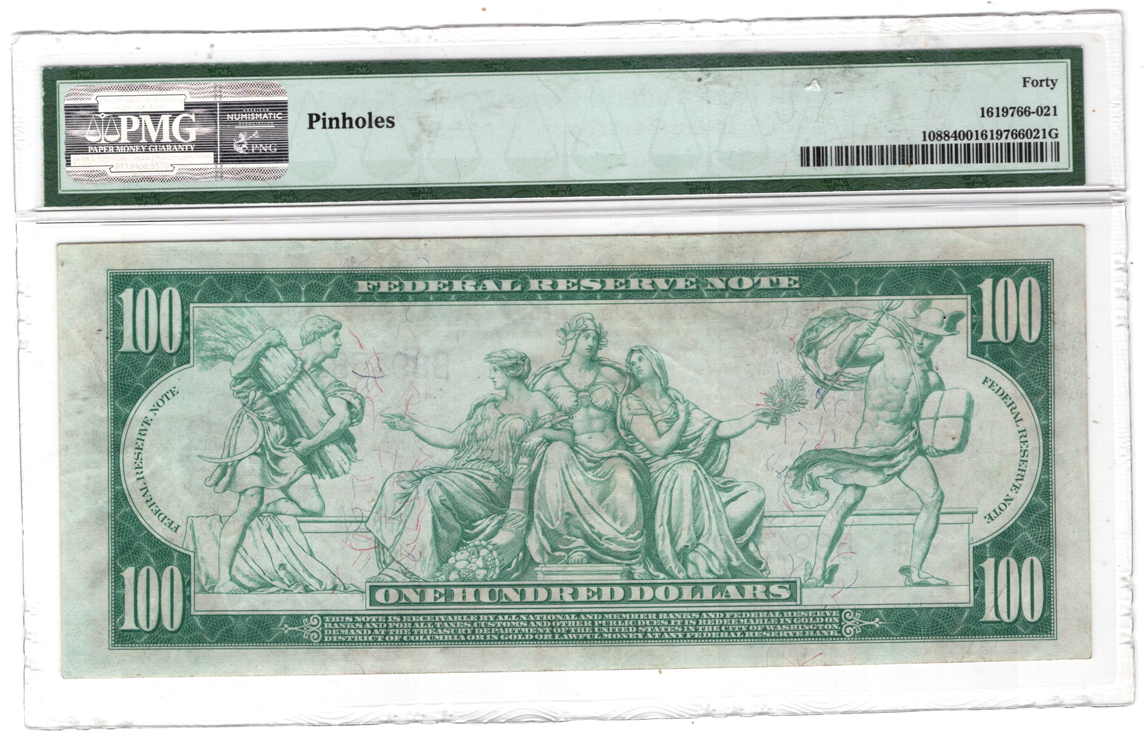 1914 $100 New York Blue Seal Fr# 1088 - PMG XF-40/pinholes