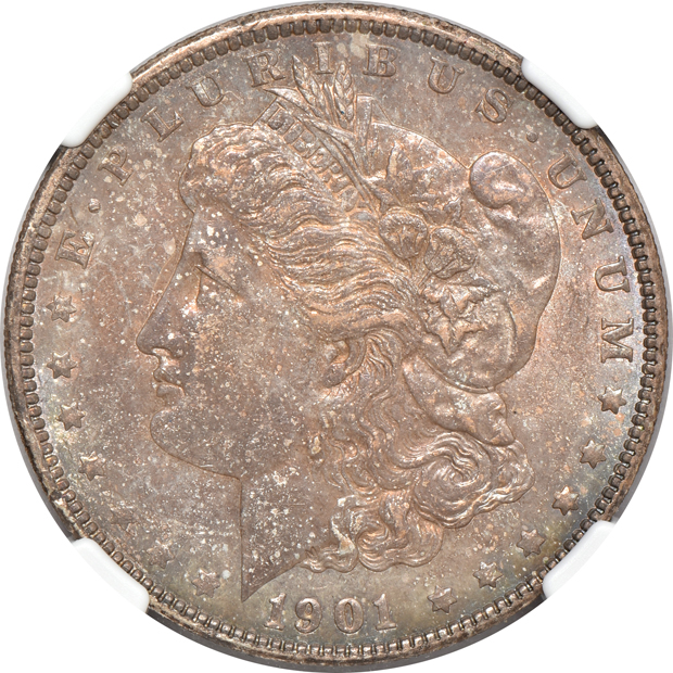 Four Morgan silver dollars certified by NGC