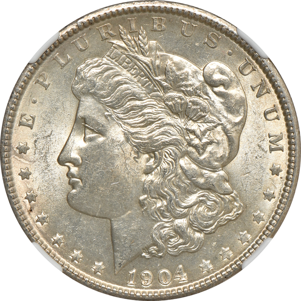 Four Morgan silver dollars certified by NGC