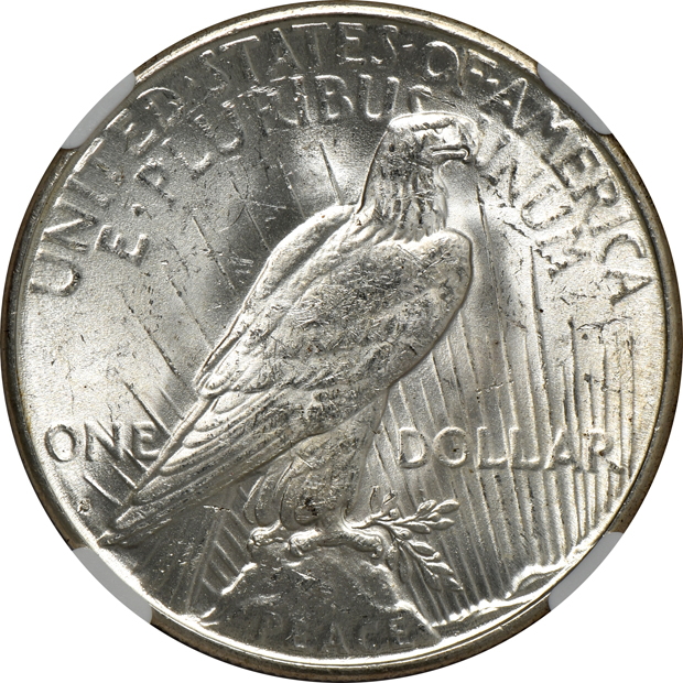 Five Uncirculated Peace silver dollars certified by NGC