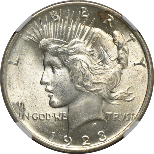 Five Uncirculated Peace silver dollars certified by NGC