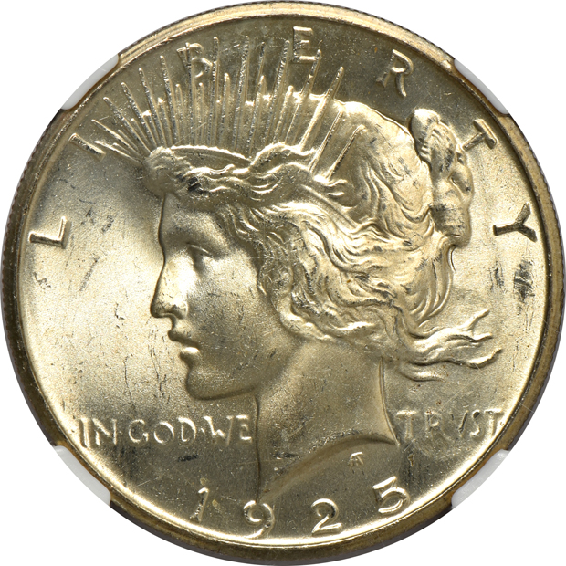 Five Uncirculated Peace silver dollars certified by NGC