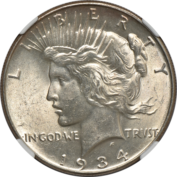Five Uncirculated Peace silver dollars certified by NGC