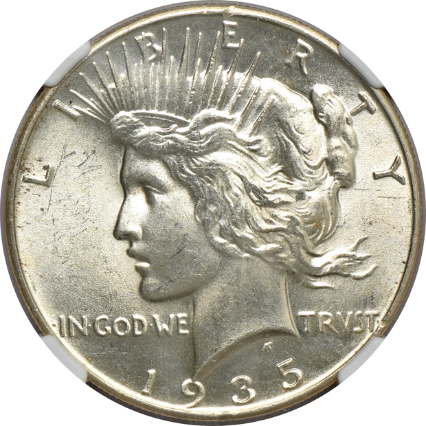 Five Uncirculated Peace silver dollars certified by NGC