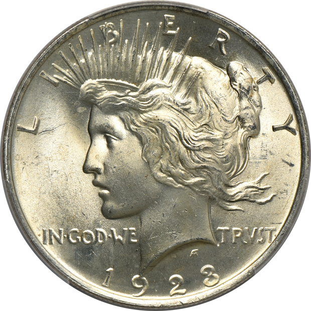 Seven Uncirculated Peace silver dollars certified by PCGS 