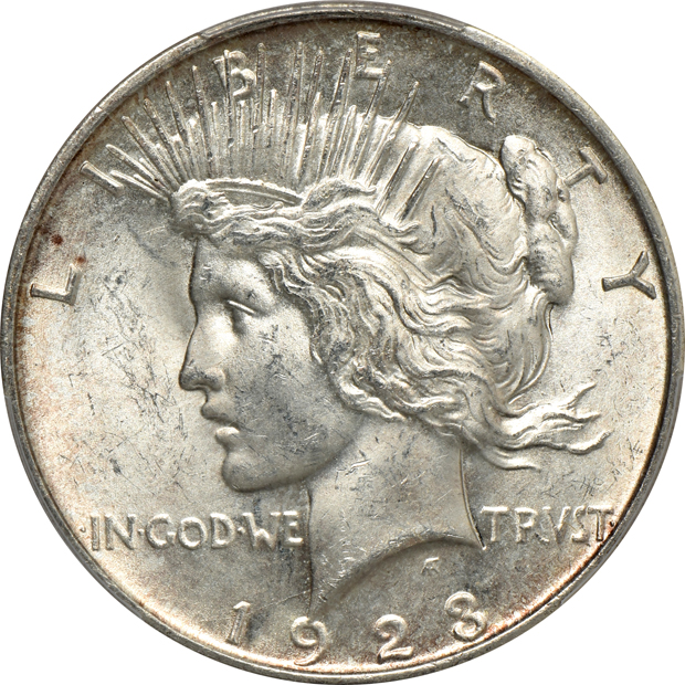 Seven Uncirculated Peace silver dollars certified by PCGS 