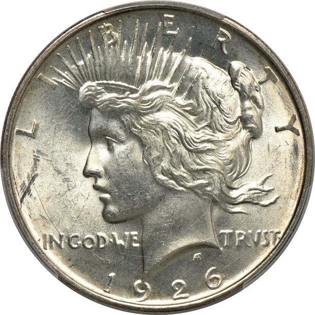 Seven Uncirculated Peace silver dollars certified by PCGS 