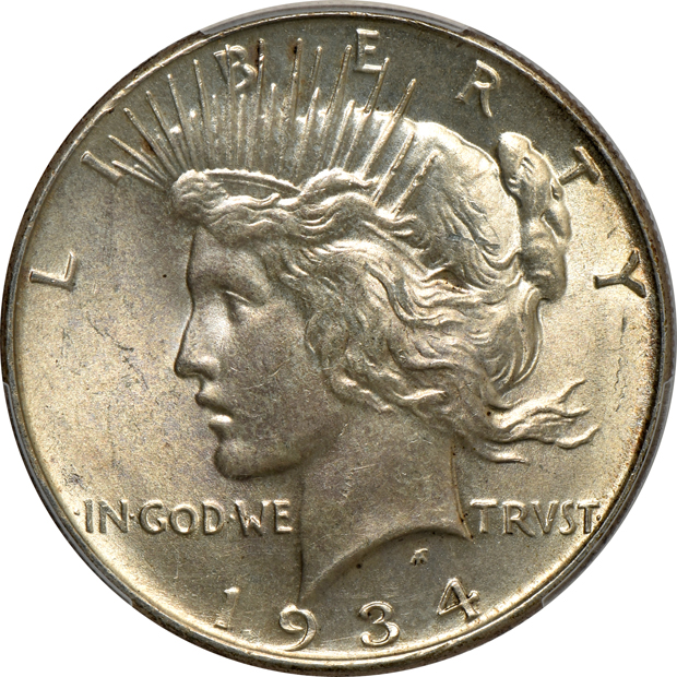 Seven Uncirculated Peace silver dollars certified by PCGS 
