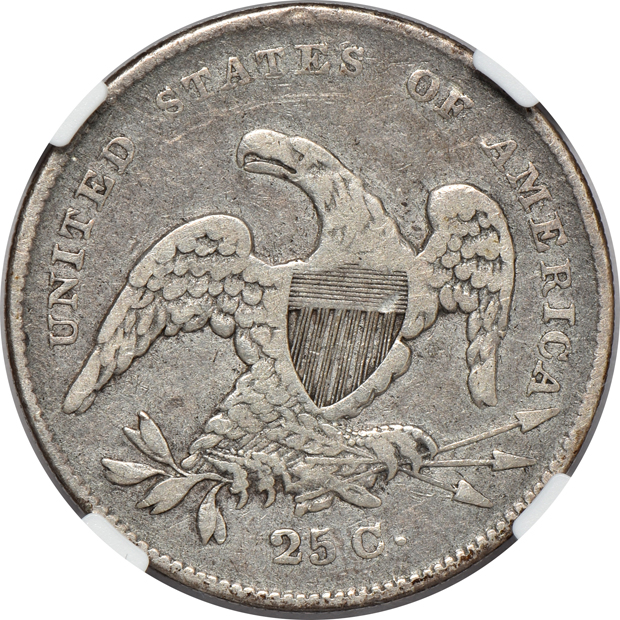 1831 Capped Bust quarter VF-35, 1862 Seated Liberty quarter AU-58, and a 1919-D Standing Liberty quarter VF-35, all NGC