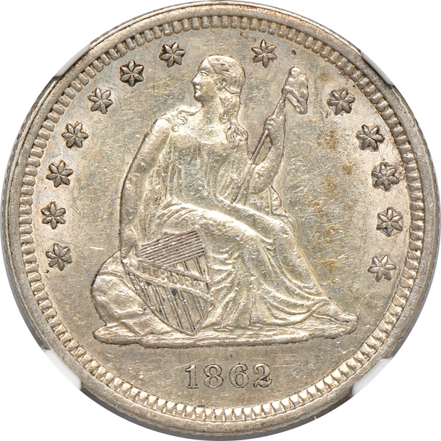 1831 Capped Bust quarter VF-35, 1862 Seated Liberty quarter AU-58, and a 1919-D Standing Liberty quarter VF-35, all NGC