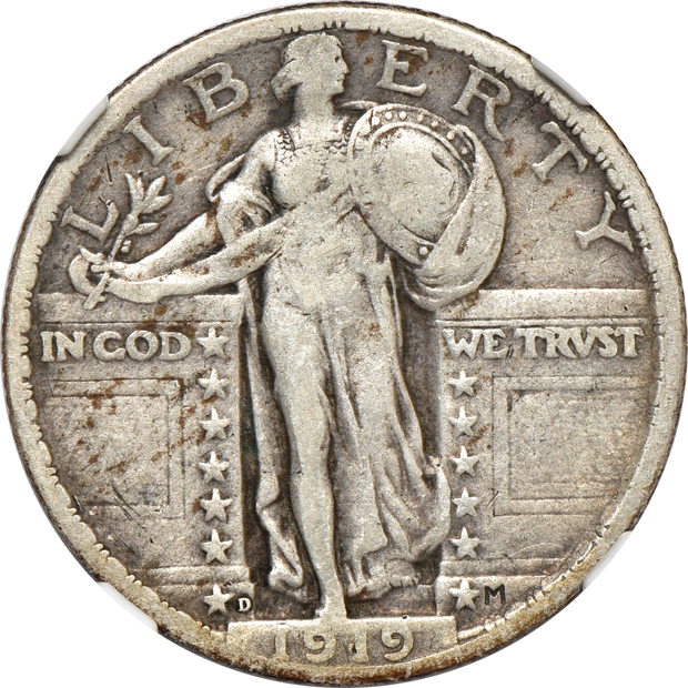 1831 Capped Bust quarter VF-35, 1862 Seated Liberty quarter AU-58, and a 1919-D Standing Liberty quarter VF-35, all NGC