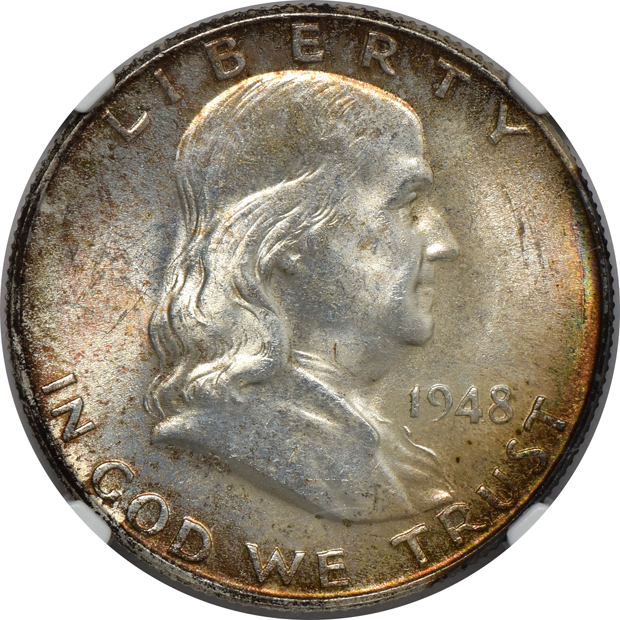 Five Franklin half dollars with Full Bell Lines, all NGC