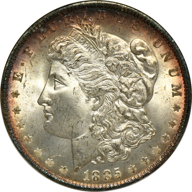 Seven certified GEM Morgan silver dollars
