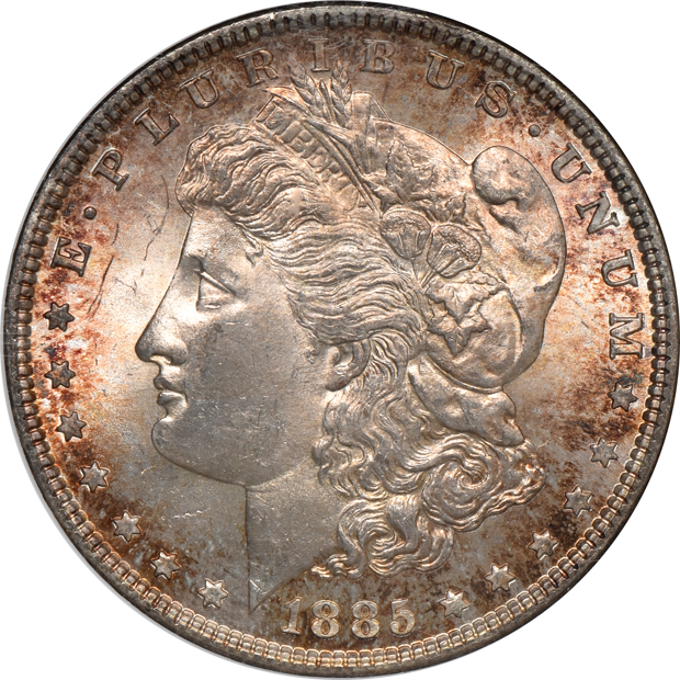 Seven certified GEM Morgan silver dollars