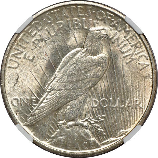 Seven Uncirculated Peace silver dollars certified by NGC