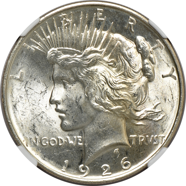 Seven Uncirculated Peace silver dollars certified by NGC