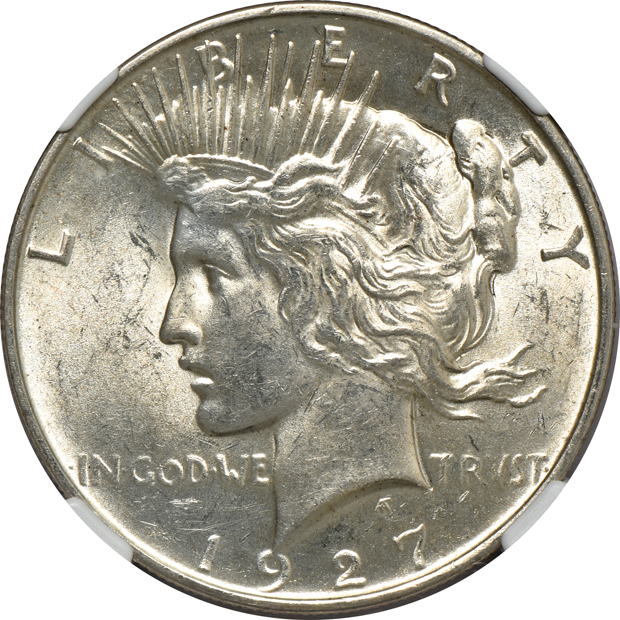 Seven Uncirculated Peace silver dollars certified by NGC