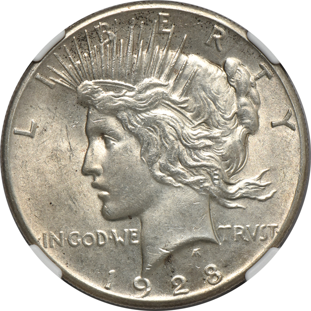 Seven Uncirculated Peace silver dollars certified by NGC