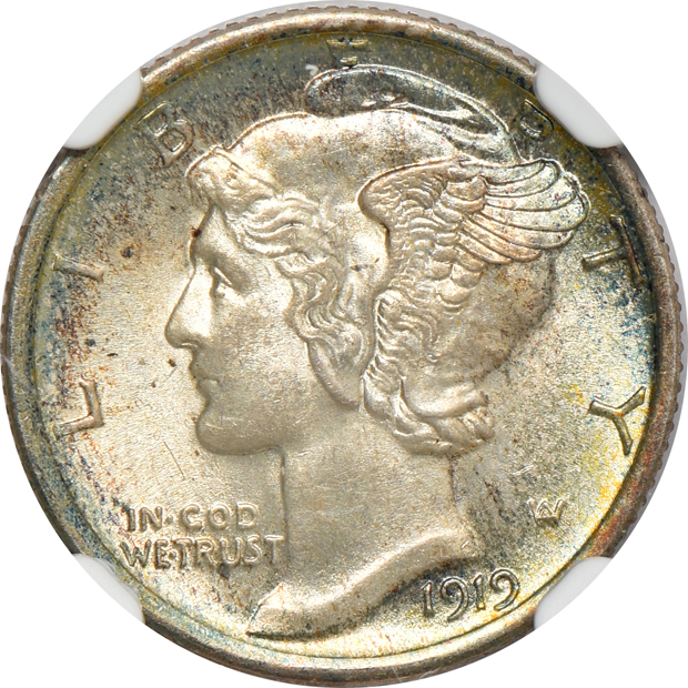 1916-S Mercury MS-66, 1917-S MS-64, and 1919 MS-64 FB, all NGC