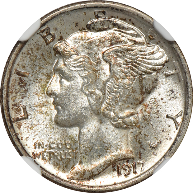 1916-S Mercury MS-66, 1917-S MS-64, and 1919 MS-64 FB, all NGC
