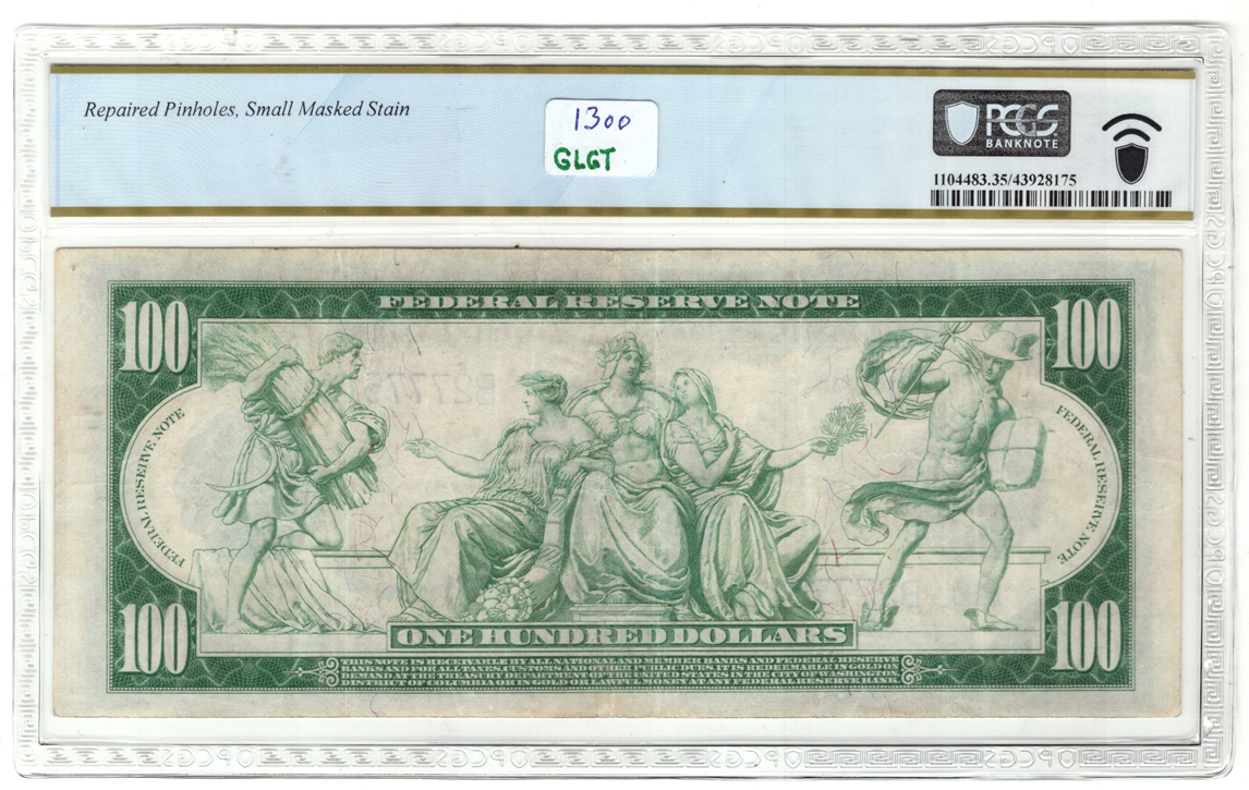 1914 $100 New York Blue Seal Fr# 1091 - PCGS VF-35/repaired pinholes/small masked stain