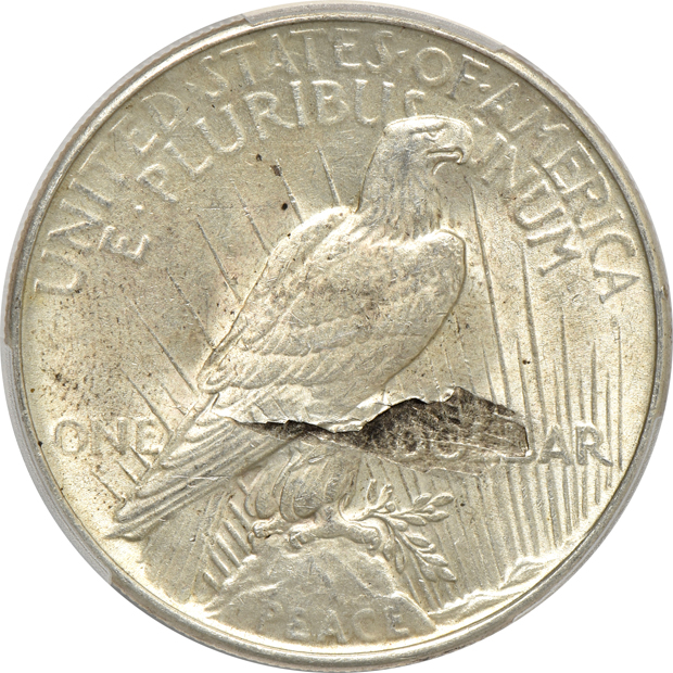 1904 Barber dime Broadstruck PCGS AU details/cleaned, 1922 Peace silver dollar Lamination Reverse PCGS AU-58, and a 1925 Peace silver dollar Curved Clip NGC MS-64