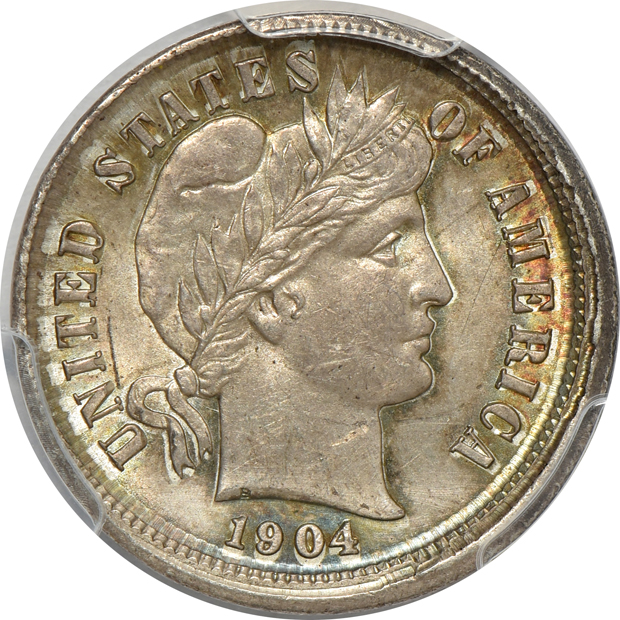 1904 Barber dime Broadstruck PCGS AU details/cleaned, 1922 Peace silver dollar Lamination Reverse PCGS AU-58, and a 1925 Peace silver dollar Curved Clip NGC MS-64
