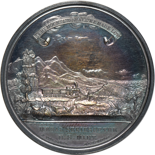 U.S. Mint Railroad medal, The Oceans United By Railway, May 10, 1869, with original government package