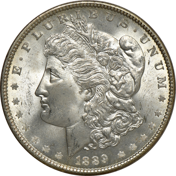 Five Uncirculated Morgan silver dollars, raw