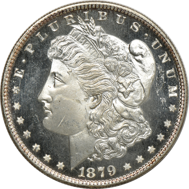 Nine Uncirculated Morgan silver dollars, raw