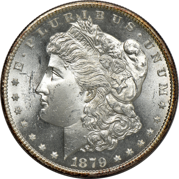 Nine Uncirculated Morgan silver dollars, raw