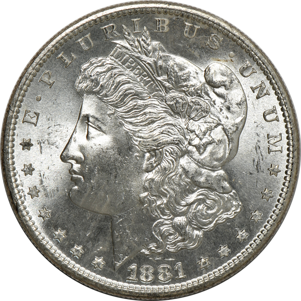Nine Uncirculated Morgan silver dollars, raw