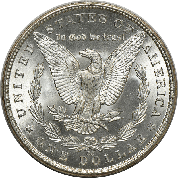 Four Carson City struck Uncirculated Morgan silver dollars, raw
