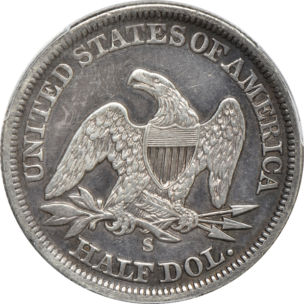 Six Seated Liberty half dollars in PCGS details holders
