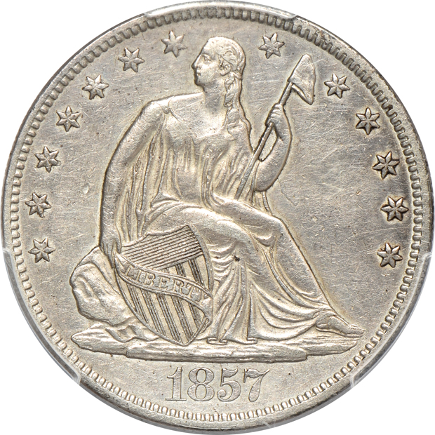 Six Seated Liberty half dollars in PCGS details holders